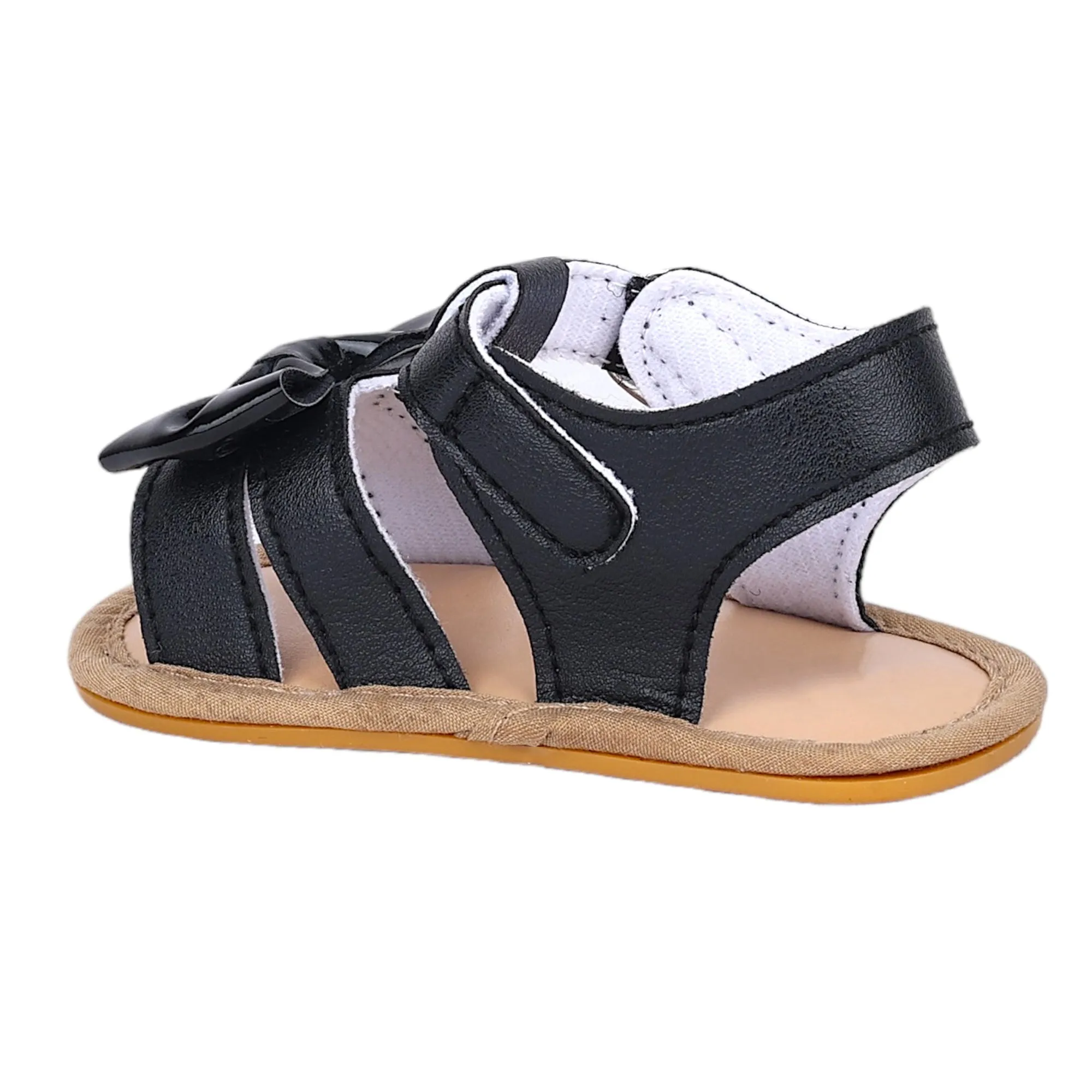 Baby Moo Bow Velcro T-Strap Anti-Skid Open Toe Sandals - Black