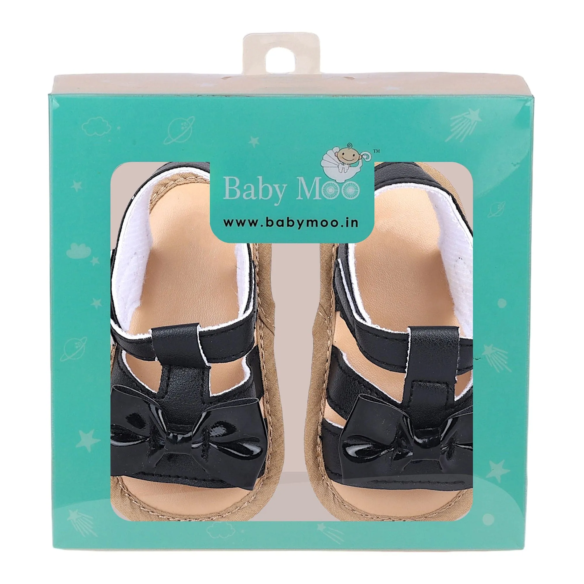 Baby Moo Bow Velcro T-Strap Anti-Skid Open Toe Sandals - Black