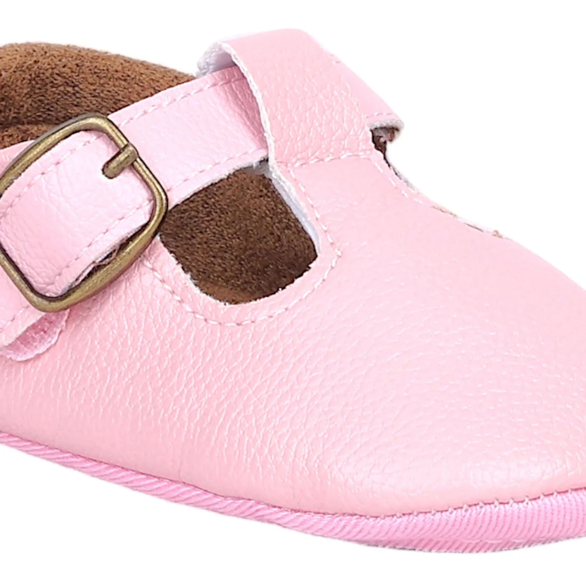 Baby Moo Textured Leather T-Strap Velcro Buckle Anti-Skid Ballerina Pram Shoes - Pink