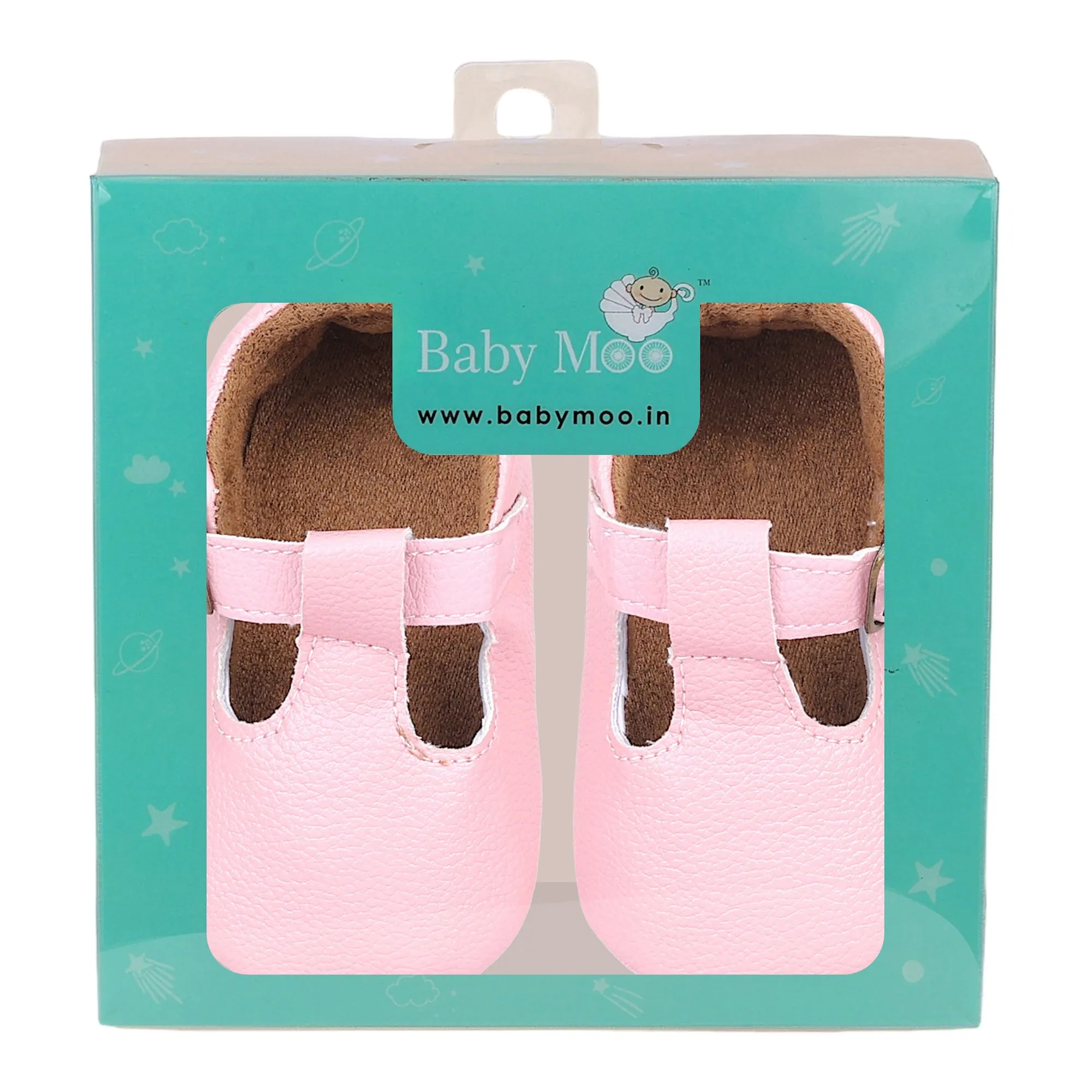 Baby Moo Textured Leather T-Strap Velcro Buckle Anti-Skid Ballerina Pram Shoes - Pink