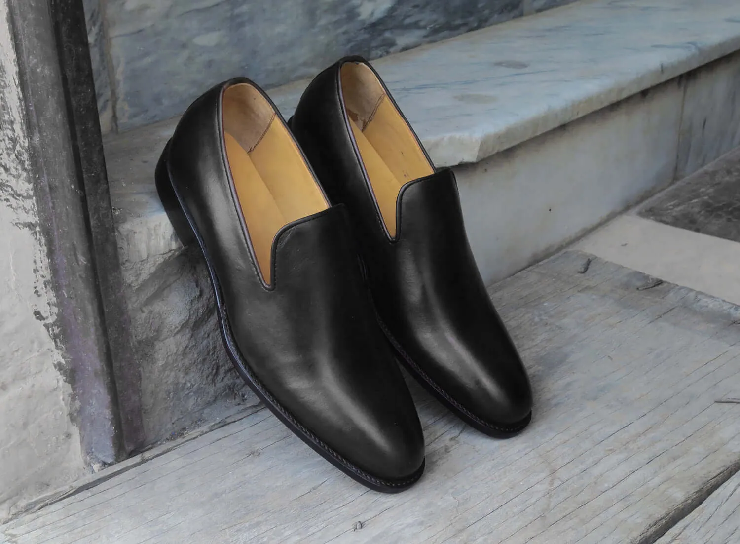 Bespoke Black Leather Penny Loafer for Men's