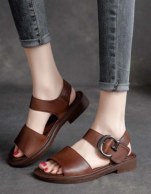 Big Buckle Retro Leather Wide Toe Box Sandals