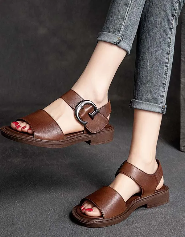 Big Buckle Retro Leather Wide Toe Box Sandals