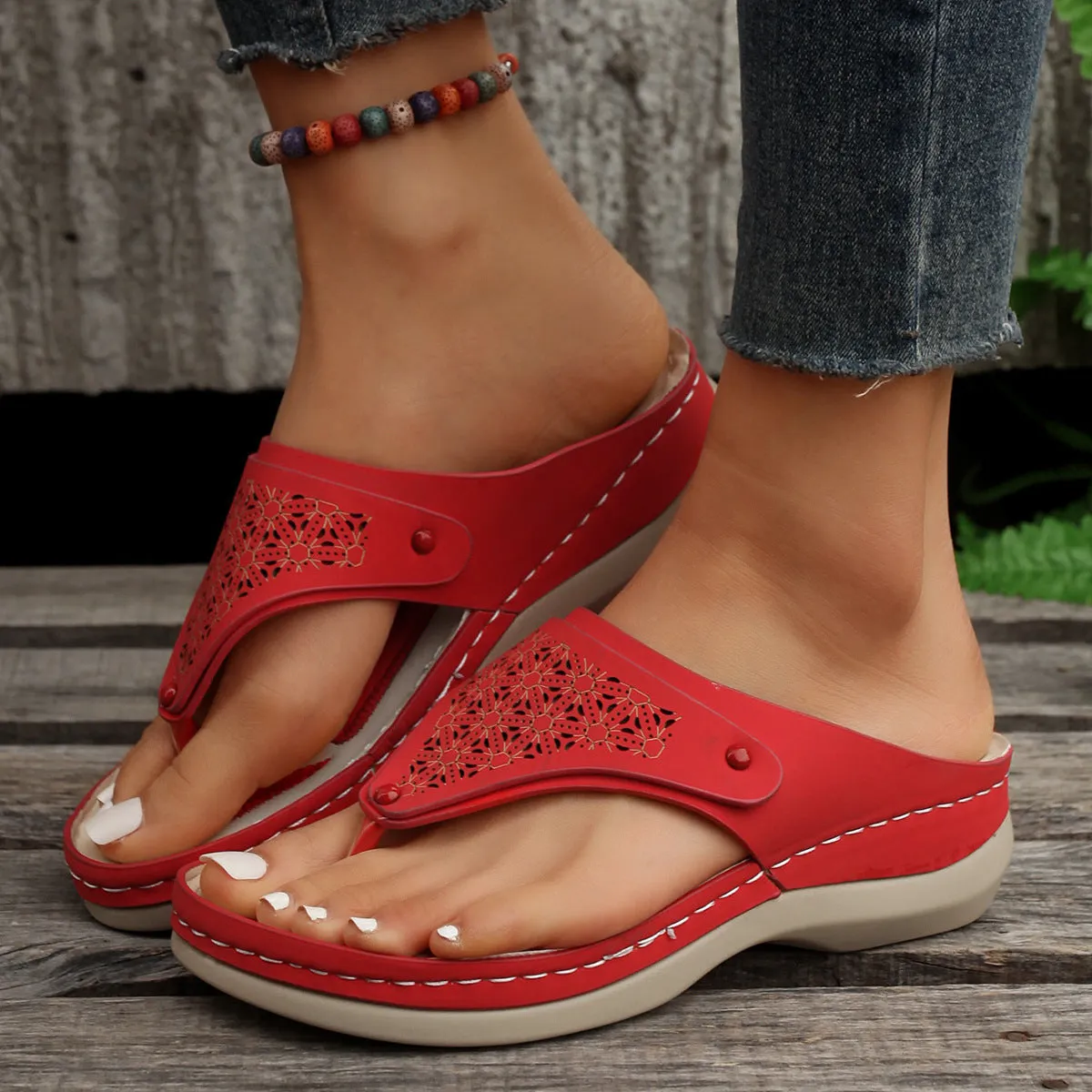 Boho Weave Rhinestone Thong Sandals - Stylish Beach Flip Flops for Women