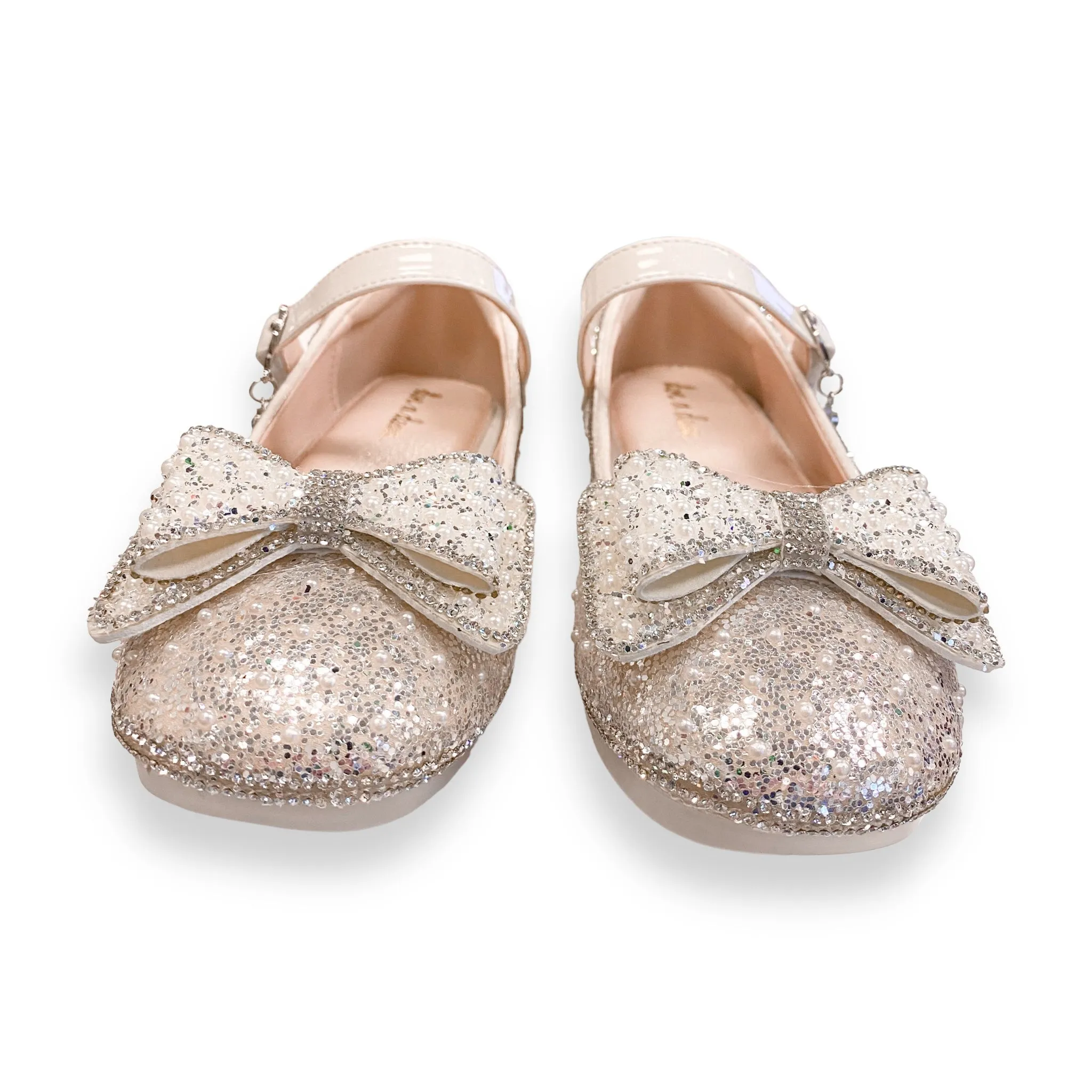 Bowtie Glitter Stud Heel Flats - Beige