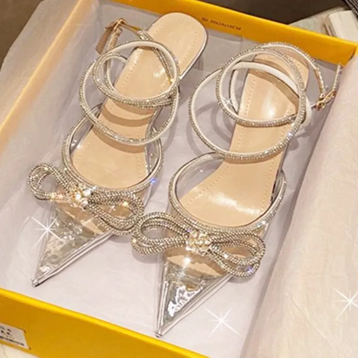 Butterfly-Knot Bling Crystal Pointed Toe Pumps High Heels