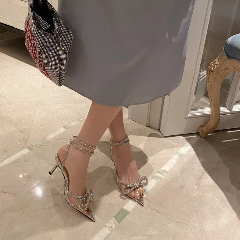 Butterfly-Knot Bling Crystal Pointed Toe Pumps High Heels