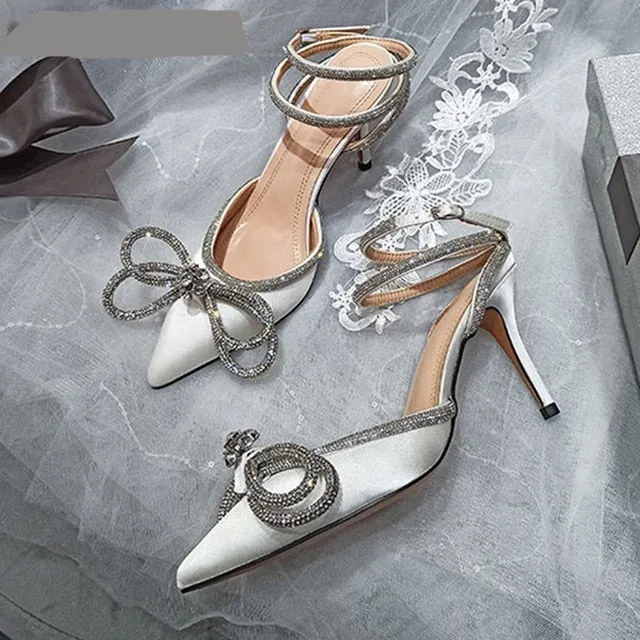 Butterfly-Knot Bling Crystal Pointed Toe Pumps High Heels