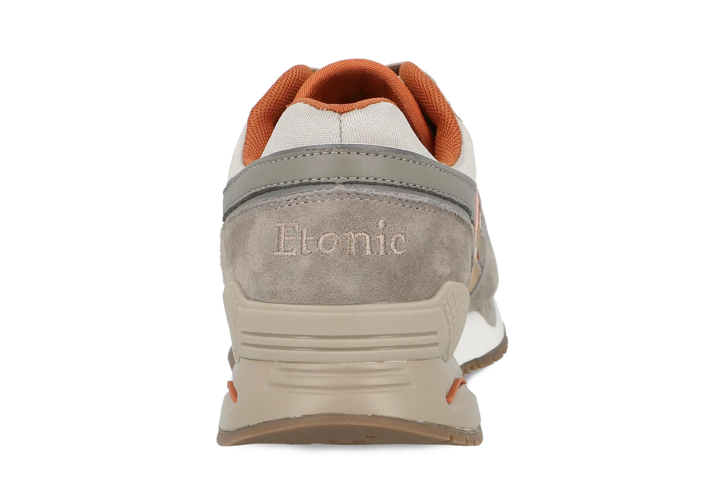 Etonic Stable Base sneakers in dark beige and light grey mesh fabric, dark beige suede with multi-layer caramel leather inserts and red details.