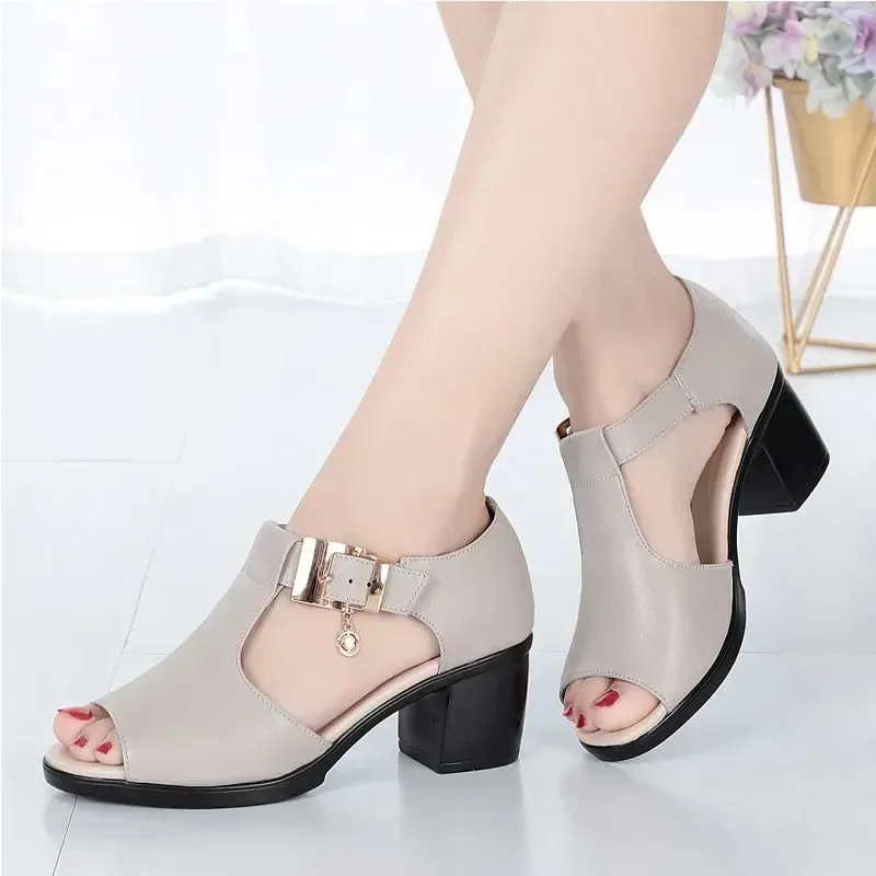 Hnzxzm Women Fashion Fish Mouth Shoes Chunky Heel Metal Decorative Buckle Sandals Casual Shoes 2024 Sandals Summer New Women's Sandals