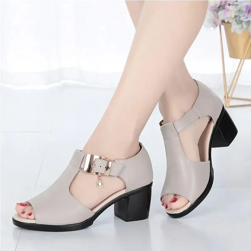 Hnzxzm Women Fashion Fish Mouth Shoes Chunky Heel Metal Decorative Buckle Sandals Casual Shoes 2024 Sandals Summer New Women's Sandals