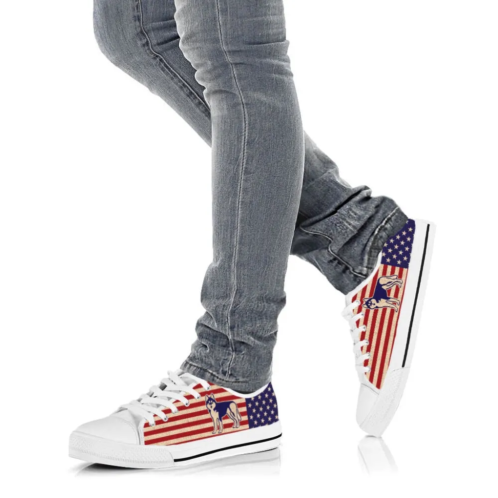 Husky Dog Usa Flag Low Top Shoes Canvas Sneakers Casual Shoes, Dog Printed Shoes, Canvas Shoes For Men, Women