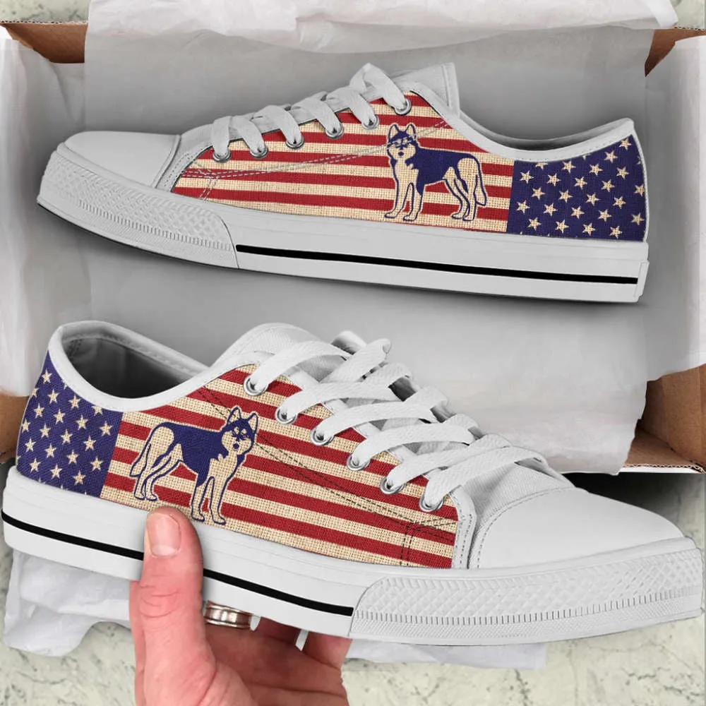 Husky Dog Usa Flag Low Top Shoes Canvas Sneakers Casual Shoes, Dog Printed Shoes, Canvas Shoes For Men, Women