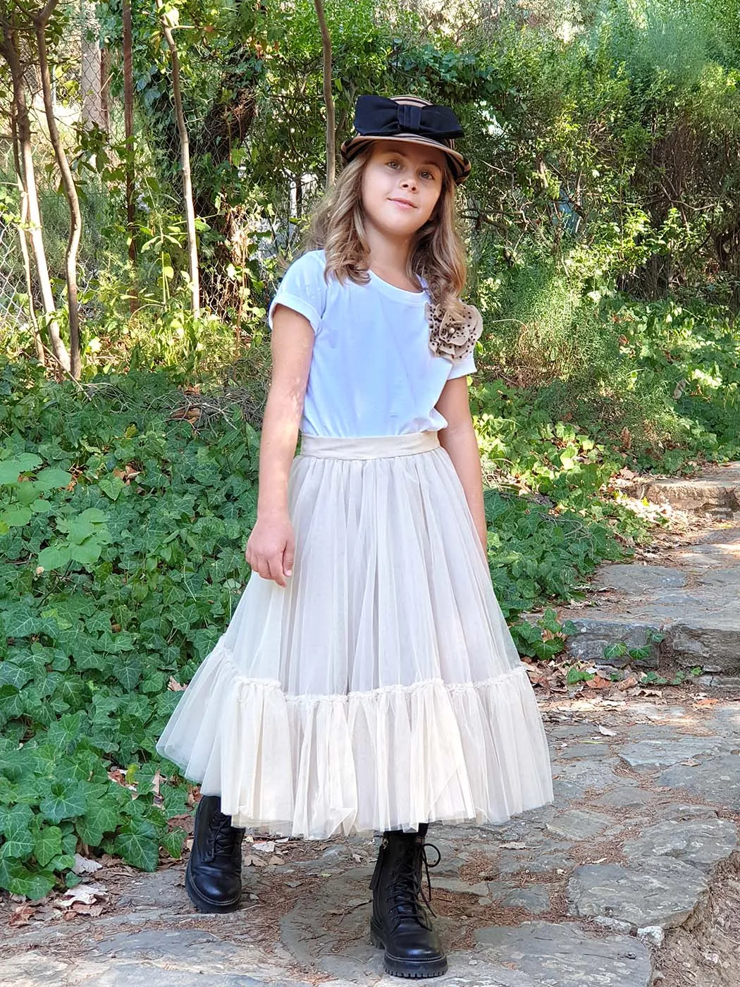 Long tulle Skirt for girl beige - OCEANIS