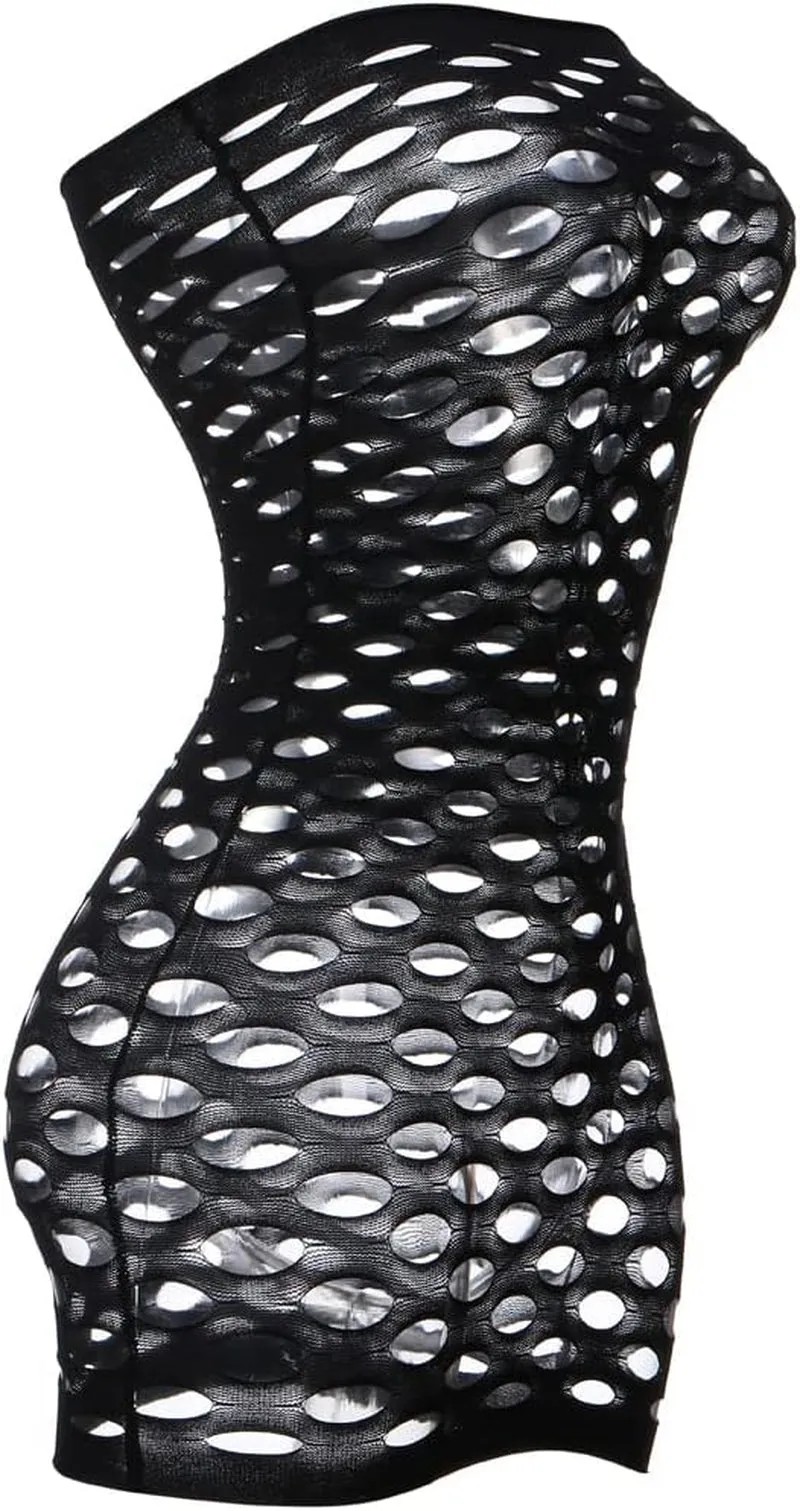 "Seductive Strapless Fishnet Mini Dress - Irresistible Tube Chemise Bodysuit for Unforgettable Nights"