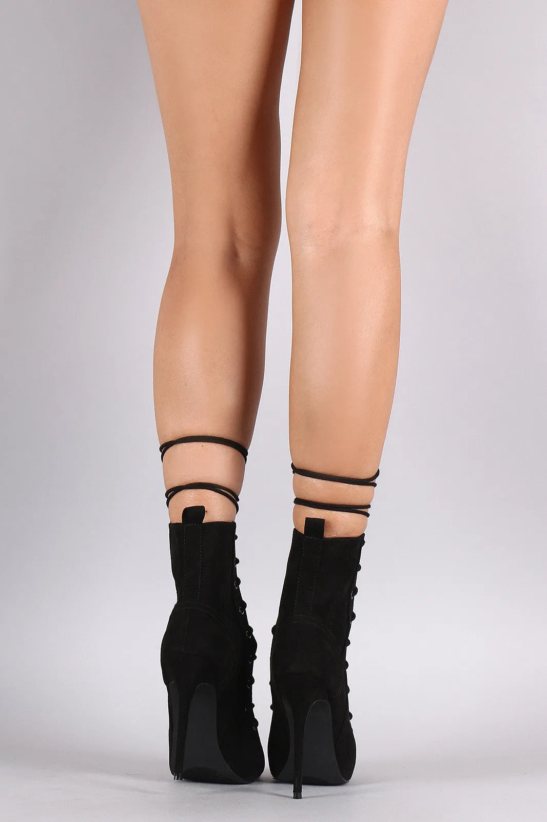 Suede Lace Up Peep Top Stiletto Booties