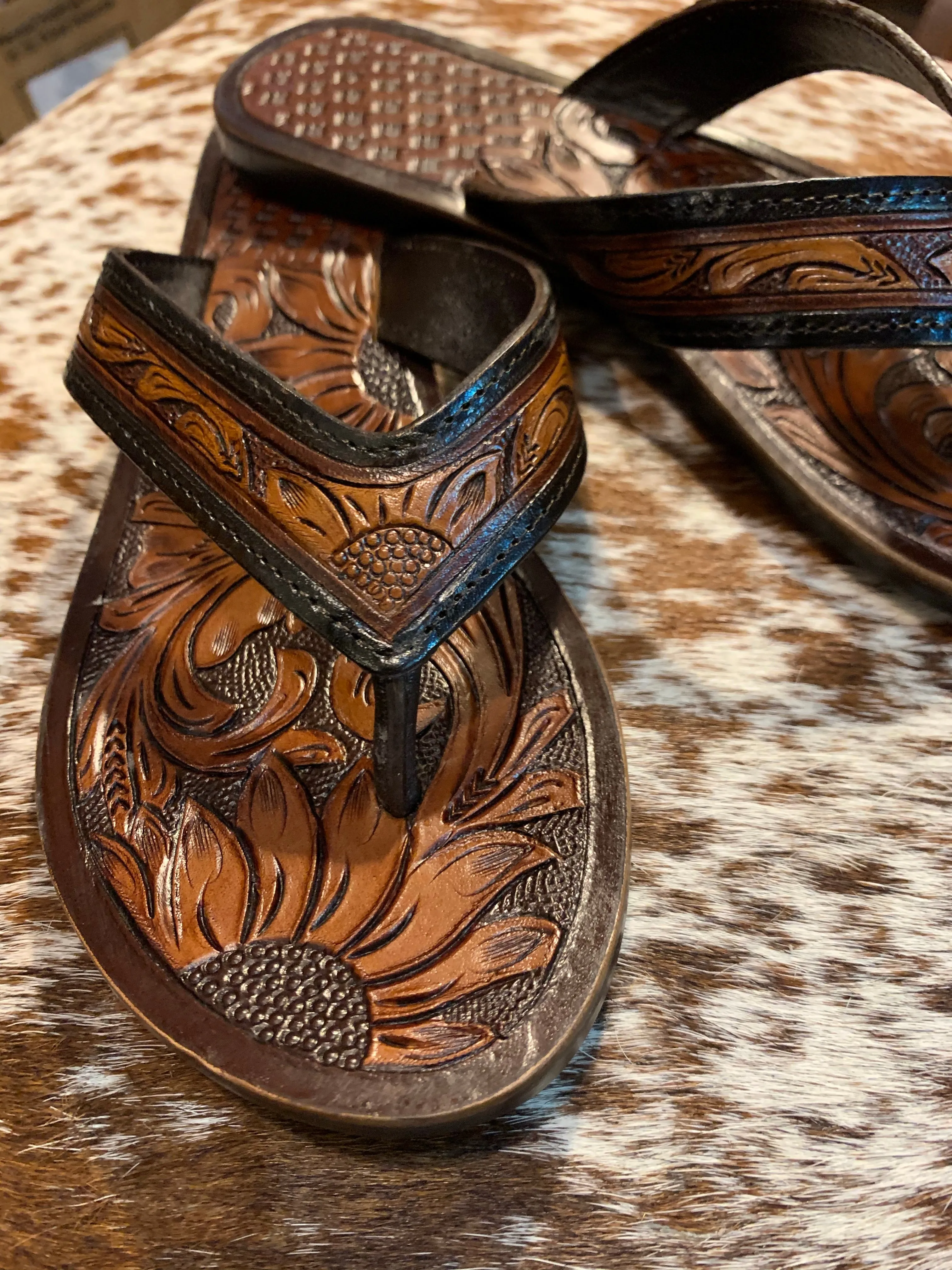 Tooled Leather flip flops